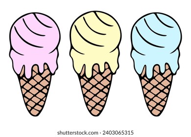 A set of melting popsicles. Collection of colorful ice cream in the form of balls. Crispy waffle cones. Color vector illustration. Isolated background. Cartoon style. Sweet refreshing dessert. 