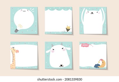 Conjunto de memo con ilustración de animales lindos. Plantilla para planificadores, listas de verificación, tarjetas, cuadernos, agenda, agenda y otros artículos de papelería.