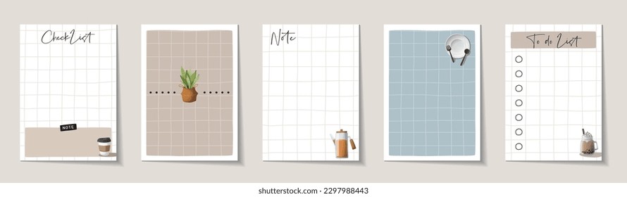 Set of memo with cute hand-drawn illustration. Template for planners, checklists, cards, notebooks, agenda, schedule and other stationery.