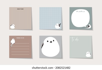 Set of memo with cute long-tailed tit illustration. Template for planners, checklists, cards, notebooks, agenda, schedule and other stationery.