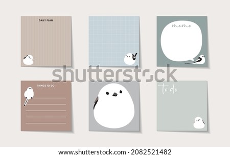 Set of memo with cute long-tailed tit illustration. Template for planners, checklists, cards, notebooks, agenda, schedule and other stationery.