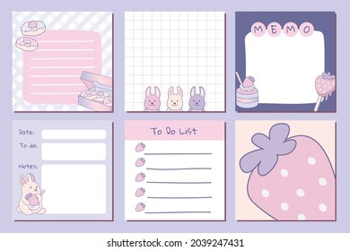 Set of memo cute pink sweets pastel illustration stationery for notes, tasks, to do list, organizer and planner