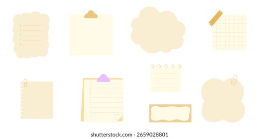 Set of memo frame, note paper and planner sheet in flat vector style