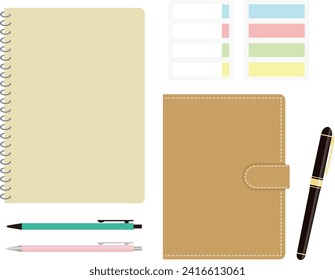 Set of memo pad, notebook, sticky notes, fountain pen and ballpoint pen