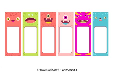 Colas de memes con caras de monstruos adorables. Etiquetas para la reserva de recortes. Tarjeta de plantilla vectorial para saludos, decoración, felicitaciones, invitaciones, pegatinas. EPS8 