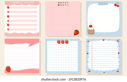 Set memo pads  square notepads and red fruit hand drawn vector illustration flat design 