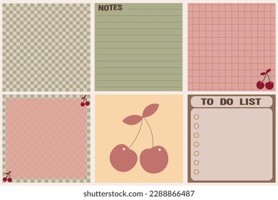 Set of memo pads, square notepads cute planner, journal, notepad, paper vector, pink,green,brown,to do list, cherry,checkerboard