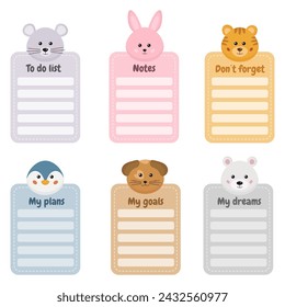 Set of memo pads, square notepads. To do list, my plans, notes page template for preschoolers, kids. Cute animals shape notepads for kids. Notebook page template, stickers, labels, tags paper sheet.