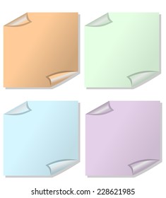 A set of memo papers in different color variants with rolled corners