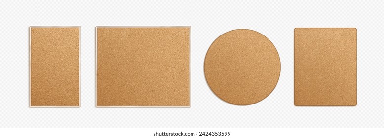 Set of memo pin boards with cork texture isolated on transparent background. Vector realistic illustration of round, square, rectangular frame mockups, interior design elements, material sample