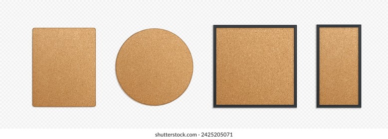 Conjunto de tableros de pin memo con textura de corcho aislado sobre fondo transparente. Ilustración realista del vector de las maquetas redondas, cuadradas, rectangulares del marco de madera, elementos del diseño interior, muestra del material