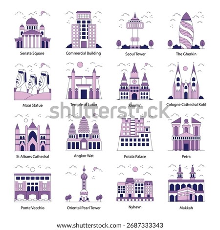Set of Memorial Buildings Flat Icons