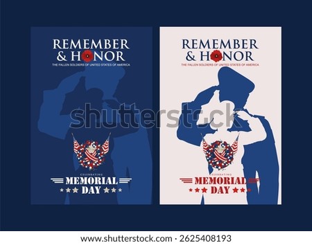 Set of Memorial Day 2025 poster design with saluting soldier silhouette, flag ribbon and poppy flower to honor the fallen soldiers. Best for U.S. Military Remembrance, Veterans and Patriot Day.