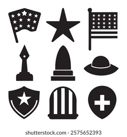 set of memorial day element (star, flag, hat, shield) silhouette vector icon illustration on white background.