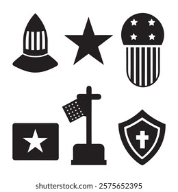 set of memorial day element (star, flag, hat, shield) silhouette vector icon illustration on white background.