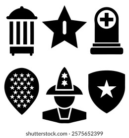 set of memorial day element (star, flag, hat, shield) silhouette vector icon illustration on white background.