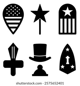 set of memorial day element (star, flag, hat, shield) silhouette vector icon illustration on white background.