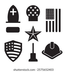 set of memorial day element (star, flag, hat, shield) silhouette vector icon illustration on white background.