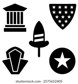 set of memorial day element (star, flag, hat, shield) silhouette vector icon illustration on white background.