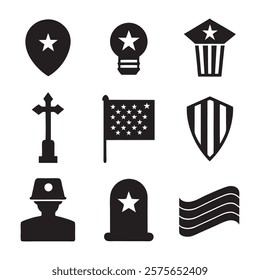 set of memorial day element (star, flag, hat, shield) silhouette vector icon illustration on white background.