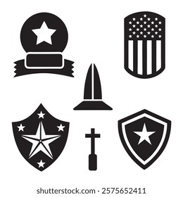 set of memorial day element (star, flag, hat, shield) silhouette vector icon illustration on white background.