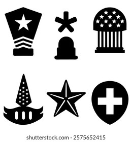 set of memorial day element (star, flag, hat, shield) silhouette vector icon illustration on white background.