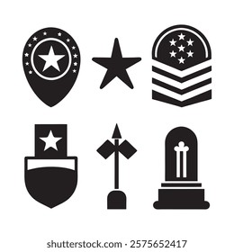 set of memorial day element (star, flag, hat, shield) silhouette vector icon illustration on white background.