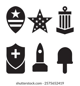 set of memorial day element (star, flag, hat, shield) silhouette vector icon illustration on white background.