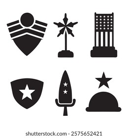 set of memorial day element (star, flag, hat, shield) silhouette vector icon illustration on white background.