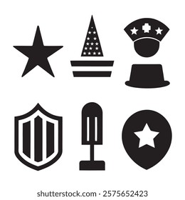 set of memorial day element (star, flag, hat, shield) silhouette vector icon illustration on white background.