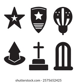 set of memorial day element (star, flag, hat, shield) silhouette vector icon illustration on white background.