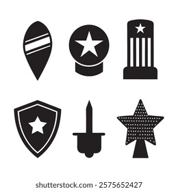 set of memorial day element (star, flag, hat, shield) silhouette vector icon illustration on white background.