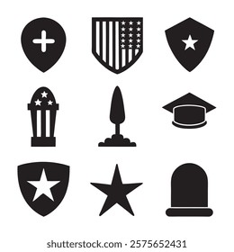 set of memorial day element (star, flag, hat, shield) silhouette vector icon illustration on white background.