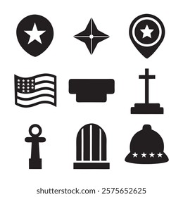 set of memorial day element (star, flag, hat, shield) silhouette vector icon illustration on white background.