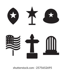 set of memorial day element (star, flag, hat, shield) silhouette vector icon illustration on white background.