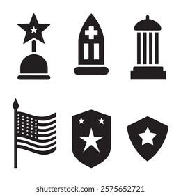 set of memorial day element (star, flag, hat, shield) silhouette vector icon illustration on white background.