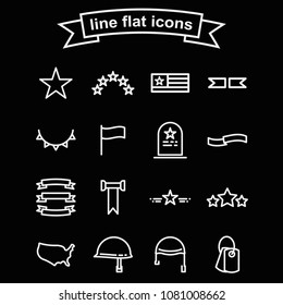 Set of Memorial Day outline black and white vector icons. Flat illustration.