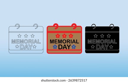 Set of Memorial Day-themed calendar icons showcasing holiday remembrance and pride through creative design variations including bold colors and patriotic symbols.