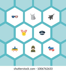 Set of memorial icons flat style symbols with fighter plane, usa glasses, military cap and other icons for your web mobile app logo design.