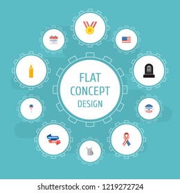 Set of memorial icons flat style symbols with american ribbon, medal, grave and other icons for your web mobile app logo design.