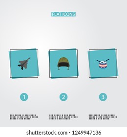 Set of memorial icons flat style symbols with headgear, drum, fighter plane and other icons for your web mobile app logo design.