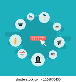 Set of memorial icons flat style symbols with badge, flag, balloon and other icons for your web mobile app logo design.