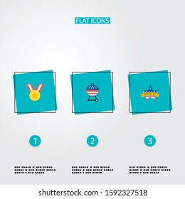 Set of memorial icons flat style symbols with badge, medal, bbq and other icons for your web mobile app logo design.