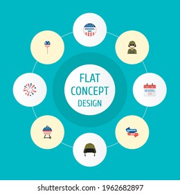 Set of memorial icons flat style symbols with headgear, bbq, soldier and other icons for your web mobile app logo design.