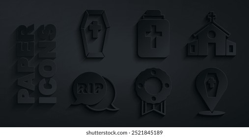 Conjunto Corona conmemorativa, edificio de la iglesia, Burbuja de discurso rasgar la muerte, ataúd con cruz, urna funeraria e icono. Vector