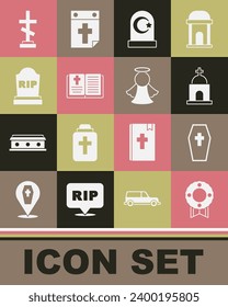 Set Memorial wreath, Coffin with cross, Old crypt, Muslim cemetery, Holy bible book, Tombstone RIP written, Grave and Angel icon. Vector