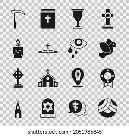 Set Memorial wreath, Dove, Christian chalice, Holy bible book, Burning candle, Scythe and Tear cry eye icon. Vector