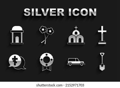 Set Memorial wreath, Grave with cross, Shovel, Hearse car, Church building, Old crypt and Flower icon. Vector