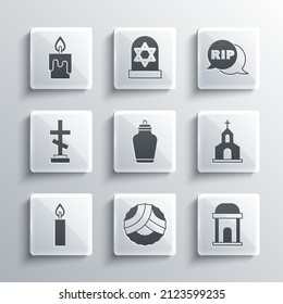 Set Memorial wreath, Old crypt, Church building, Funeral urn, Burning candle, Grave with cross,  and Speech bubble rip death icon. Vector
