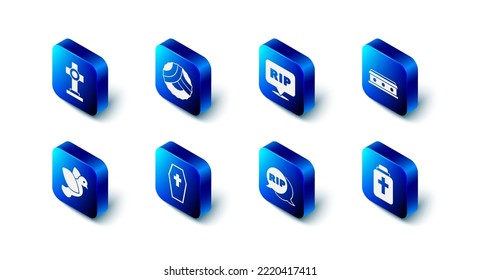 Set Memorial wreath, Speech bubble rip death, Coffin with cross, Funeral urn, Dove and Grave icon. Vector